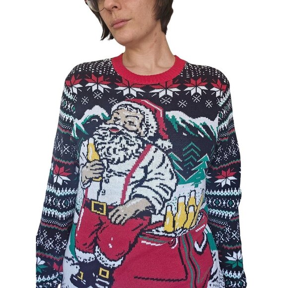 The Ugly Sweater Co Ugly Christmas Sweater Santa Drinking Beer Men's Size Medium - Picture 3 of 10
